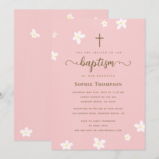 Elegant Modern Cross Pink Daisy Religious Baptism Invitation (Front/Back)