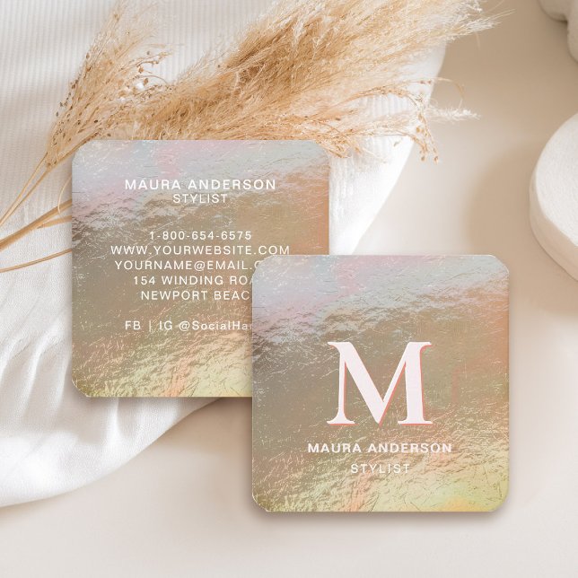 Elegant Modern Crushed Faux Gold Pink Monogram Square Business Card (holographic business card square crushed gold monogram hairdresser stylist artist lash nails makeup)