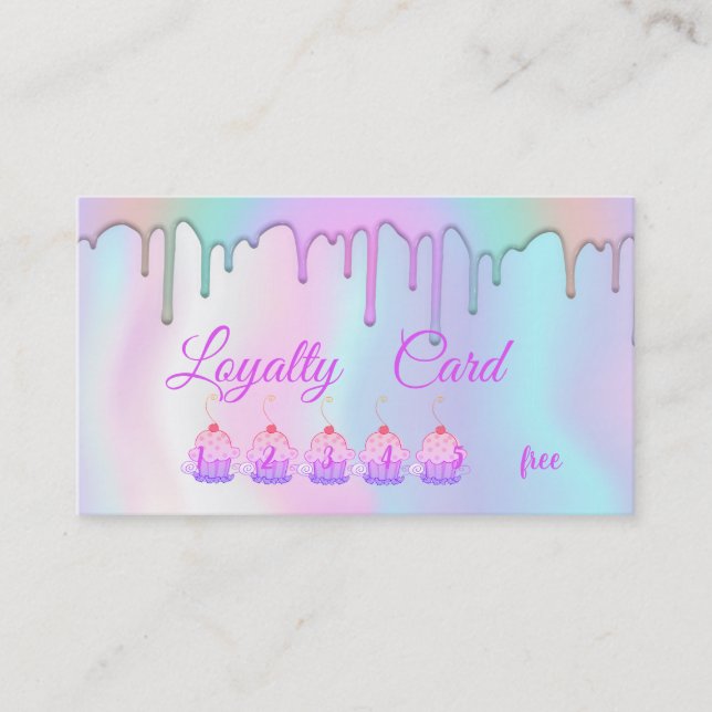 Elegant Modern Cupcakes Drips Holographic Loyalty Card (Front)