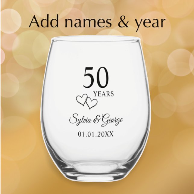 Elegant Modern Custom 50th Anniversary Keepsake Stemless Wine Glass (Add couples names and 50th wedding anniversary date for a unique gift glass. Elegant personalized.)