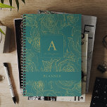 Elegant modern custom monogram and name green planner<br><div class="desc">Stylish luxury dark emerald green monogrammed 2025 planner with trendy faux gold outline floral motif personalised with your name and text.</div>