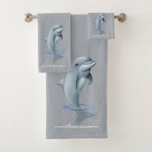Elegant Modern Cute Dolphin & Script on Light Grey Bath Towel Set