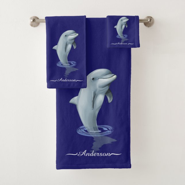 Elegant Modern Cute Dolphin & Script on Navy Blue Bath Towel Set (Insitu)