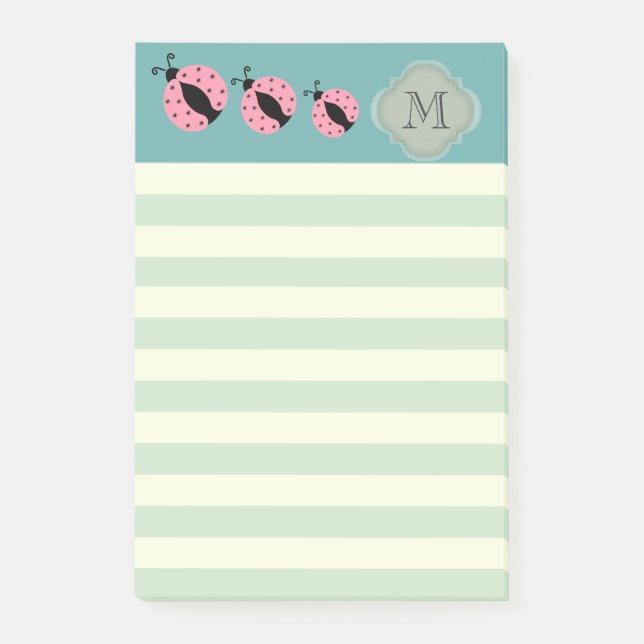 Elegant modern cute ladybug stripes monogram post-it notes (Front)