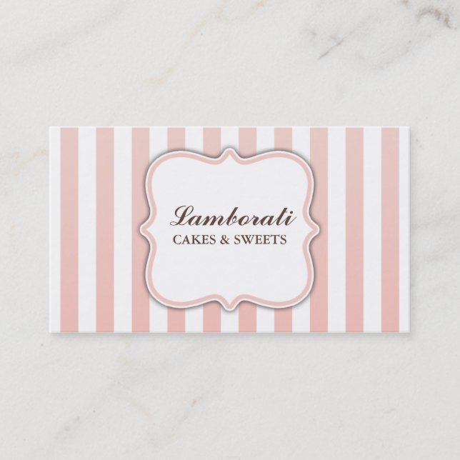Elegant Modern Cute Pink and White Stripes Business Card (Front)