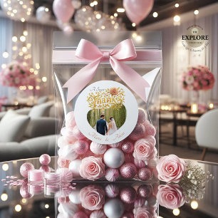 Elegant Modern Dahlias Golden Script Wedding Photo Classic Round Sticker
