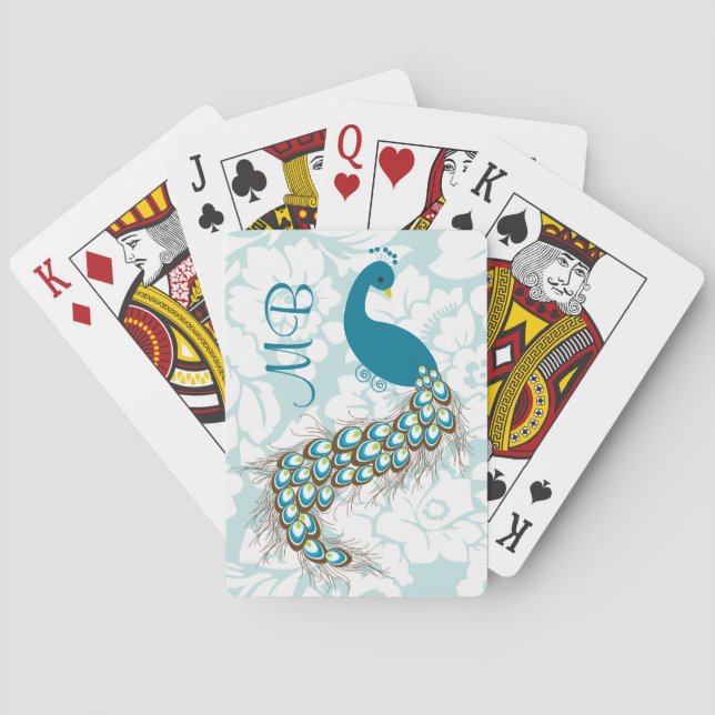 Elegant Modern Damask Peacock Monogram Playing Cards (Back)