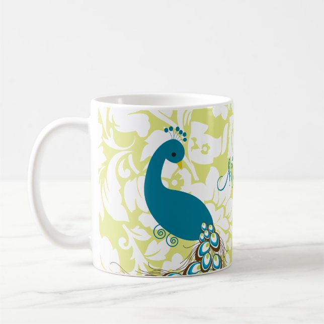 Elegant Modern Damask Peacock Personalised Coffee Mug (Left)