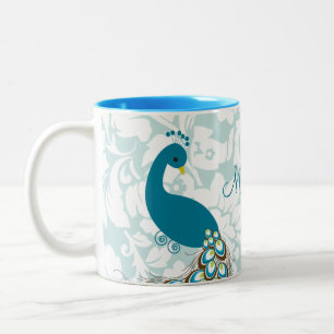 Elegant Modern Damask Peacock Personalised Two-Tone Coffee Mug