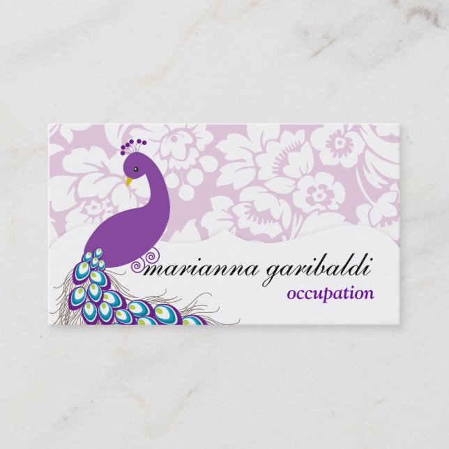 Elegant Modern Damask Purple Peacock Business Card (Front)