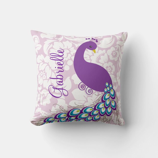 Elegant Modern Damask Purple Peacock Personalised Cushion (Front)