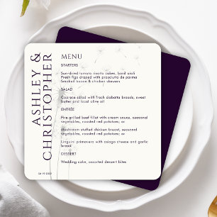 Elegant Modern Dandelion Dark Purple Wedding Menu