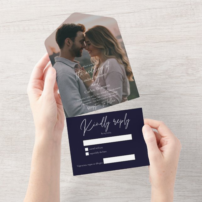 Elegant modern dark navy wedding photo with RSVP All In One Invitation (Tearaway)