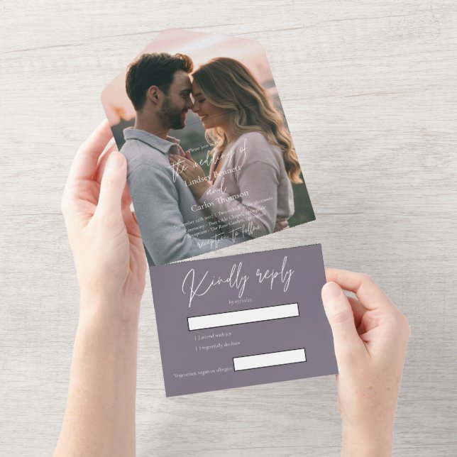 Elegant modern dark purple wedding photo with RSVP All In One Invitation (Tearaway)
