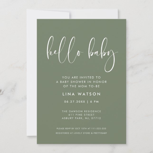 Elegant & Modern Dark Sage Green Hello Baby Invitation (Front)