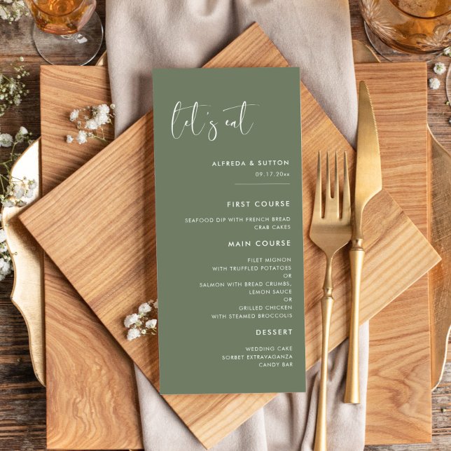 Elegant & modern dark sage green Let's eat wedding Menu (Creator Uploaded)
