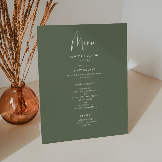 Elegant & modern dark sage green wedding menu pedestal sign (Creator Uploaded)