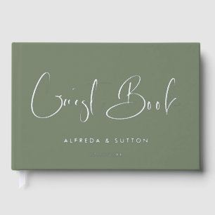 Elegant & Modern Dark Sage & Silver foil wedding Guest Book
