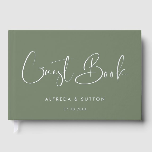 Elegant & Modern Dark Sage & Silver foil wedding Guest Book (Front)