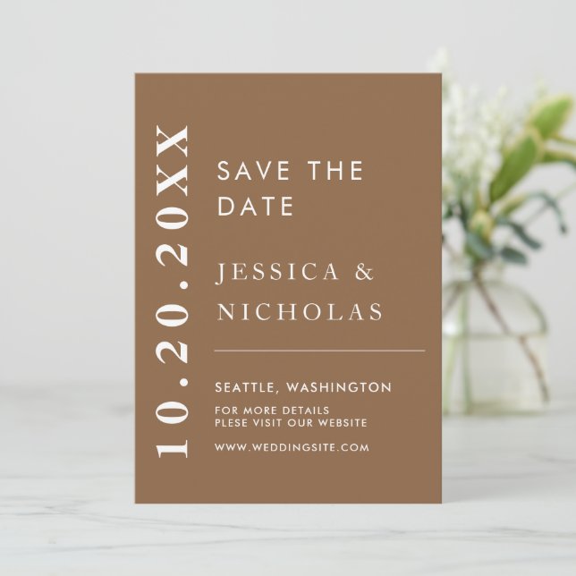Elegant Modern Dark Taupe Minimalist Wedding Save The Date (Standing Front)