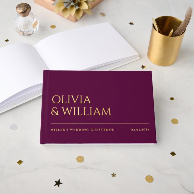 Elegant Modern Deep Plum Typography Wedding Foil Guest Book (Front Open)