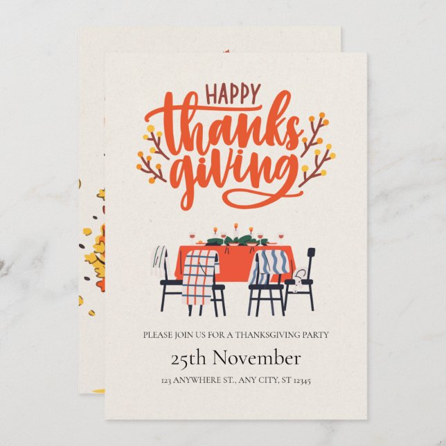 Elegant Modern Dinner Table Thanksgiving Invitation (Front/Back)