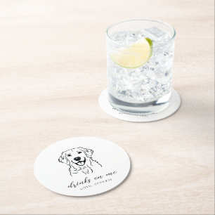 Elegant Modern Drinks on Me Dog Wedding Round Paper Coaster