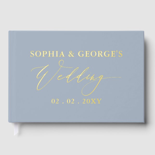 Elegant Modern Dusty Blue and Gold Wedding Guest Book (Front)