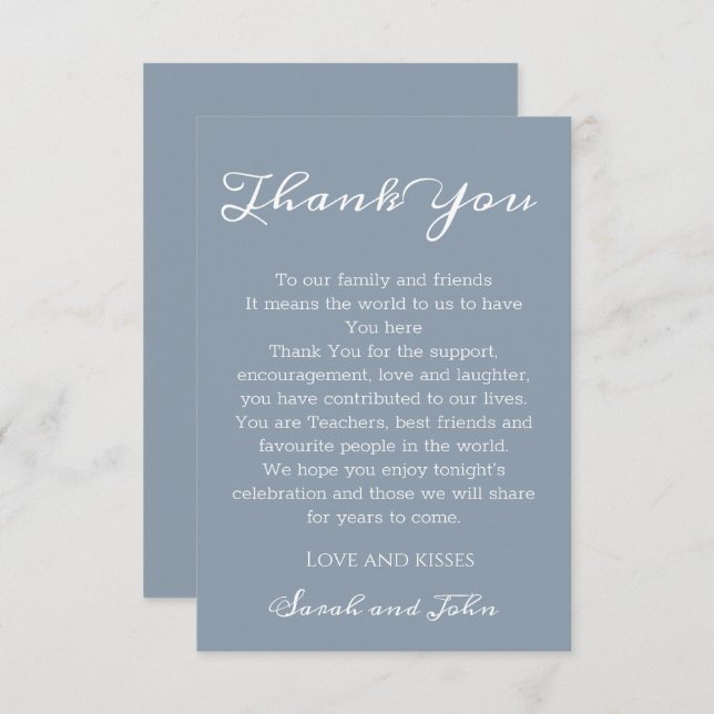Elegant Modern Dusty Blue and White Script Wedding Thank You Card (Front/Back)