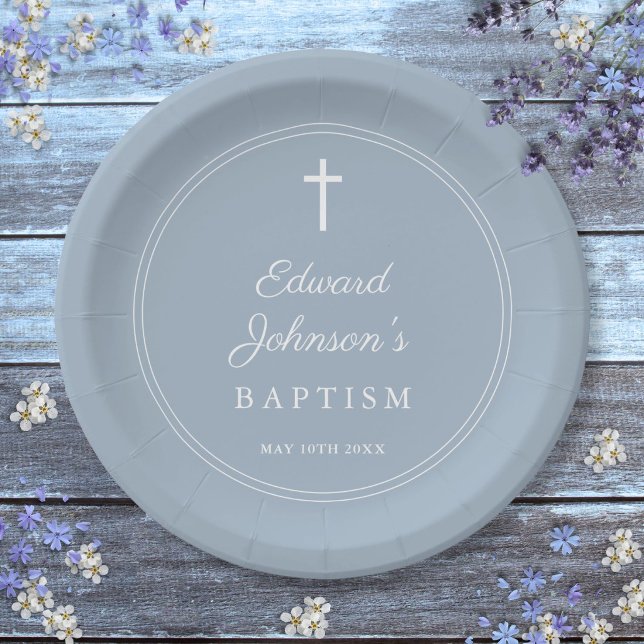 Elegant Modern Dusty Blue Baptism Paper Plate (Elegant Modern Dusty Blue Baptism Paper Plates)