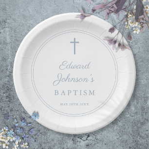 Elegant Modern Dusty Blue Baptism Paper Plate