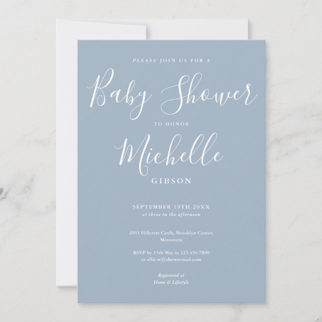 Elegant Modern Dusty Blue Boy Baby Shower Invitation (Front)