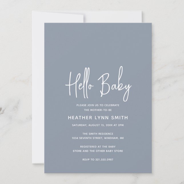 Elegant Modern Dusty Blue Boy Hello Baby Shower Invitation (Front)