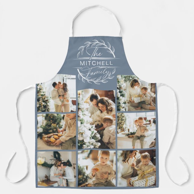 Elegant Modern Dusty Blue Family Photo Collage Ap Apron (Front)