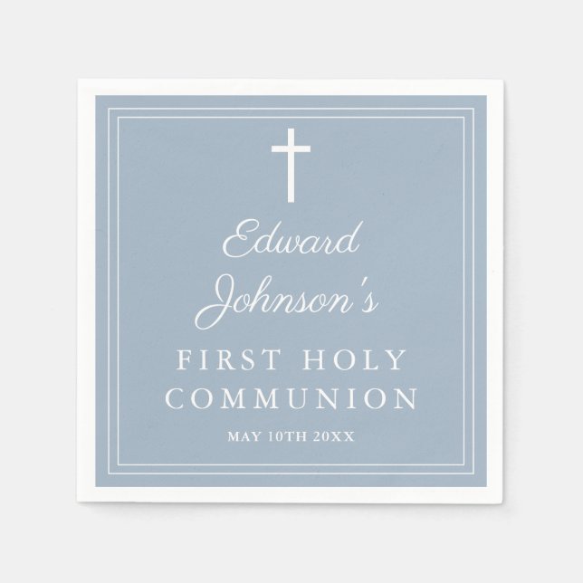 Elegant Modern Dusty Blue First Holy Communion Napkin (Front)
