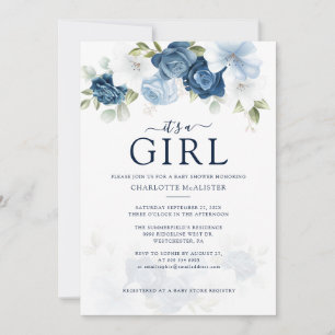 Elegant Modern Dusty Blue Floral Girl Baby Shower Invitation