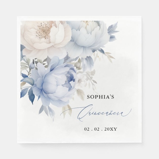 Elegant Modern Dusty Blue Floral Quinceañera  Napkin (Front)