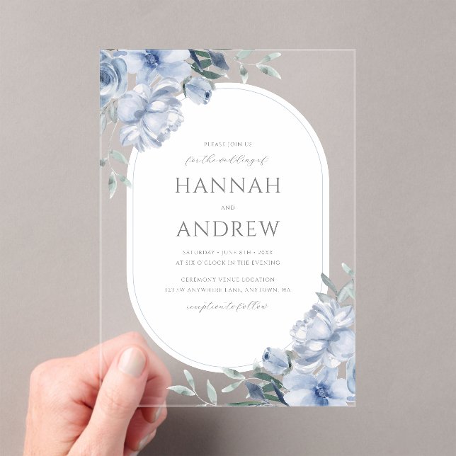 Elegant Modern Dusty Blue Floral Wedding Acrylic Invitations (Insitu (Handheld))