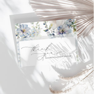 Elegant Modern Dusty Blue Flowers Wedding Thank You Card