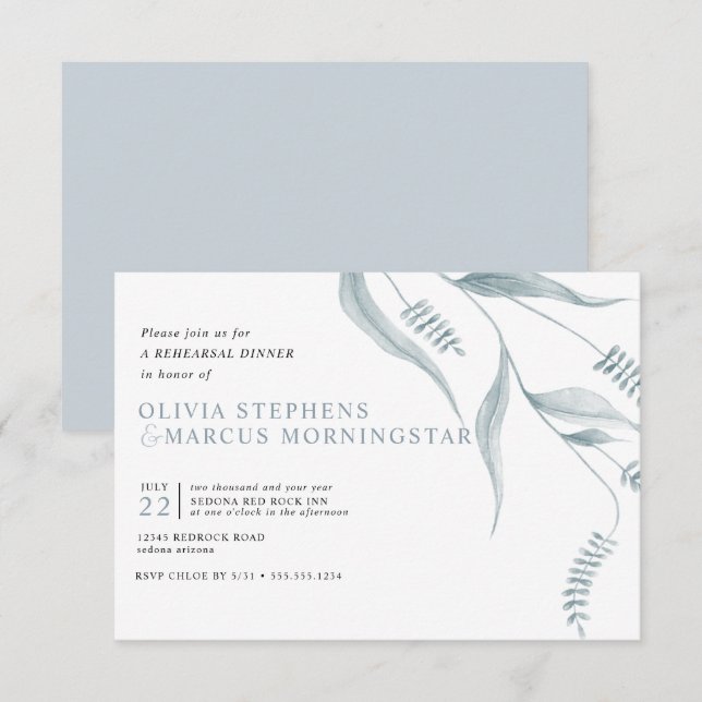 Elegant Modern Dusty Blue Foliage Invitation (Front/Back)
