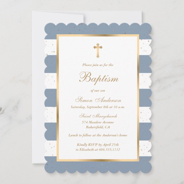 Elegant Modern Dusty Blue Gold Boy Baptism Invitation (Front)