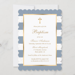 Elegant Modern Dusty Blue Gold Boy Baptism Invitation