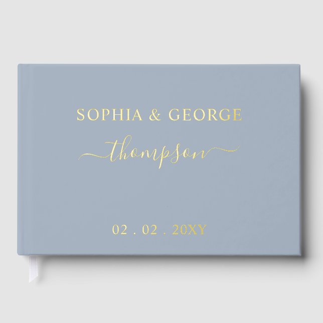 Elegant Modern Dusty Blue Gold Wedding Guest Book (Front)