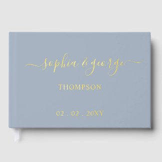 Elegant Modern Dusty Blue Gold Wedding Guest Book