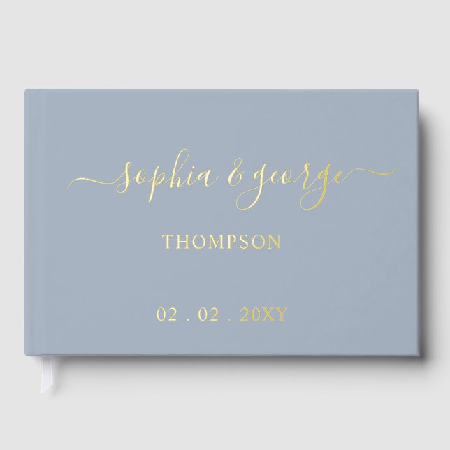 Elegant Modern Dusty Blue Gold Wedding Guest Book (Front)