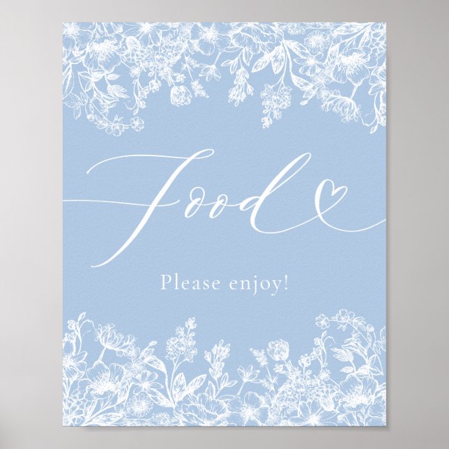 Elegant Modern Dusty Blue Wildfloral Food Sign (Front)