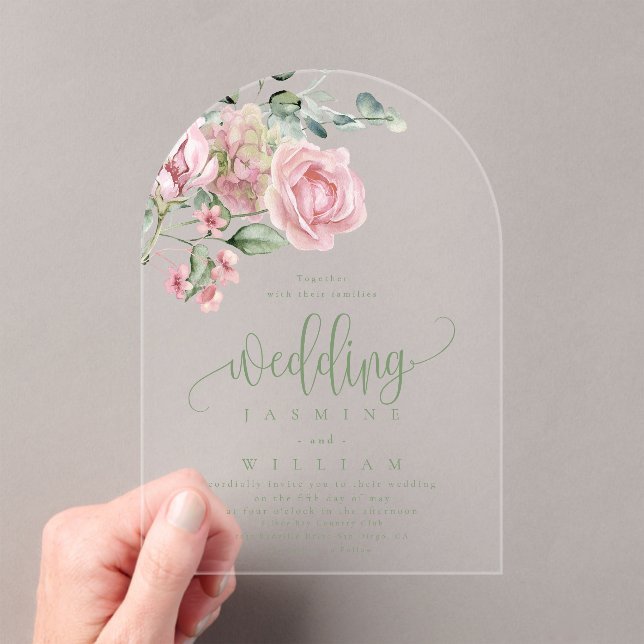 Elegant Modern Dusty Pink Rose Floral Wedding  Acrylic Invitations (Insitu (Handheld))