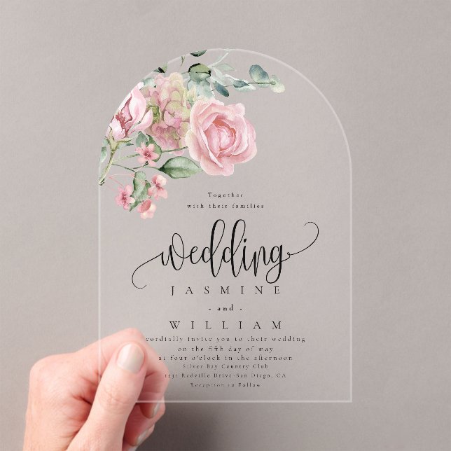 Elegant Modern Dusty Pink Rose Floral Wedding  Acrylic Invitations (Insitu (Handheld))