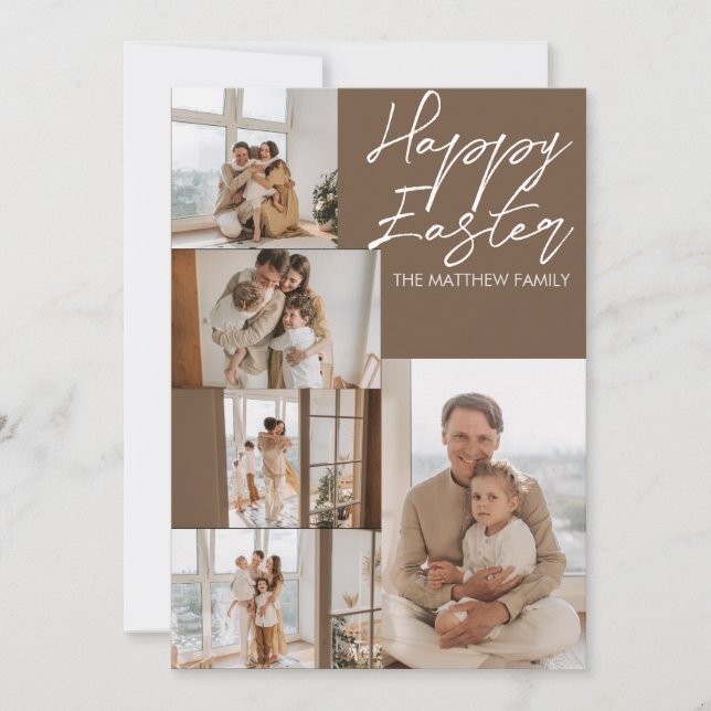 elegant Modern Easter, family five photo collage Holiday Card (Front)