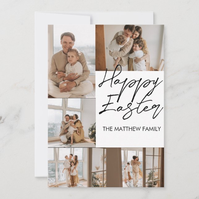 elegant Modern Easter, family five photo collage Holiday Card (Front)
